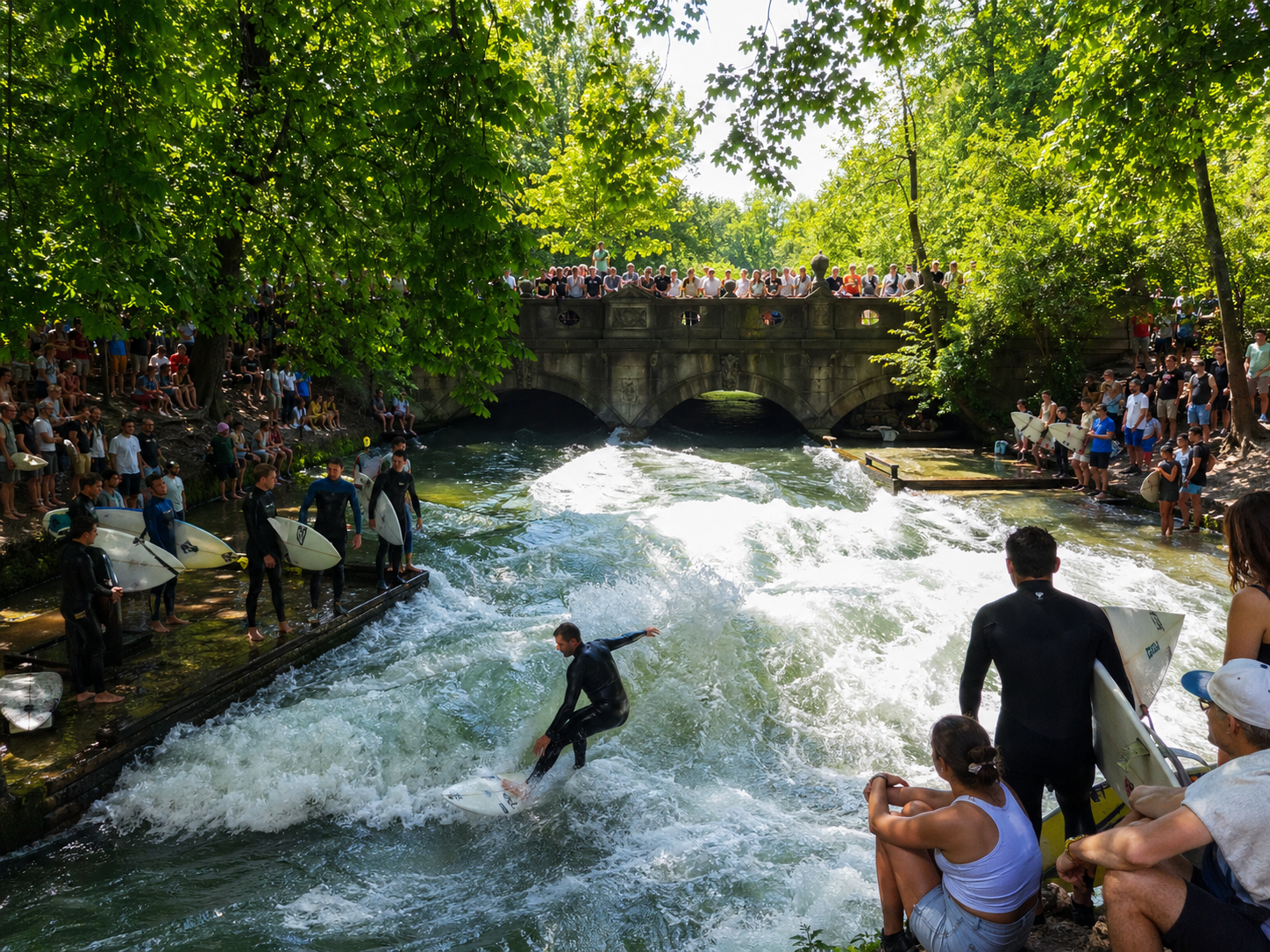 Surfers and spectators at the Eisbach wave in Munich